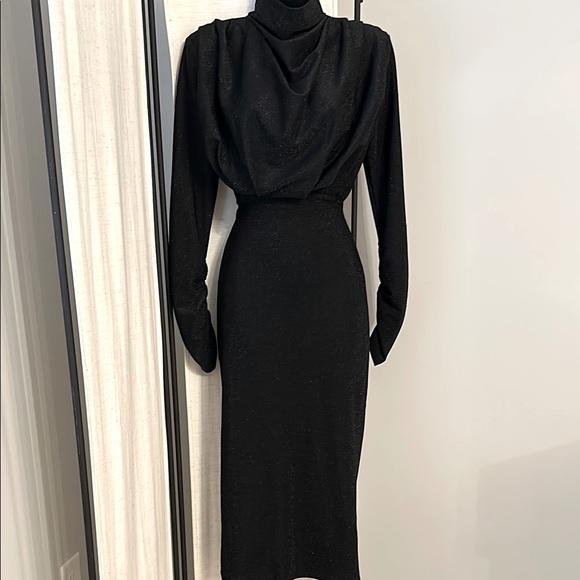 Love&Lemonade Shein Black Glitter Mock Neck Ruch Bodycon Long Sleeve Midi Dress - Picture 10 of 16